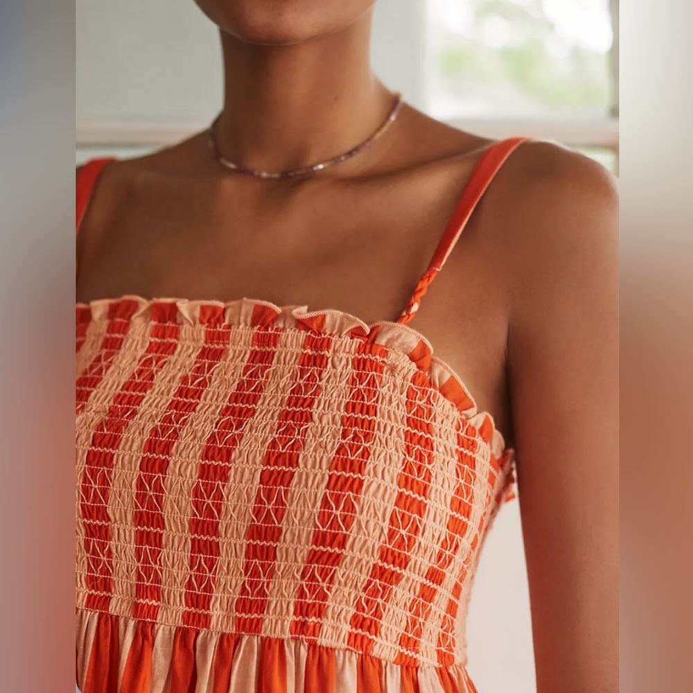 Anthropologie Midi Dress Size XL Smocked Blush Orange Stripe Spaghetti Strap - Picture 4 of 15